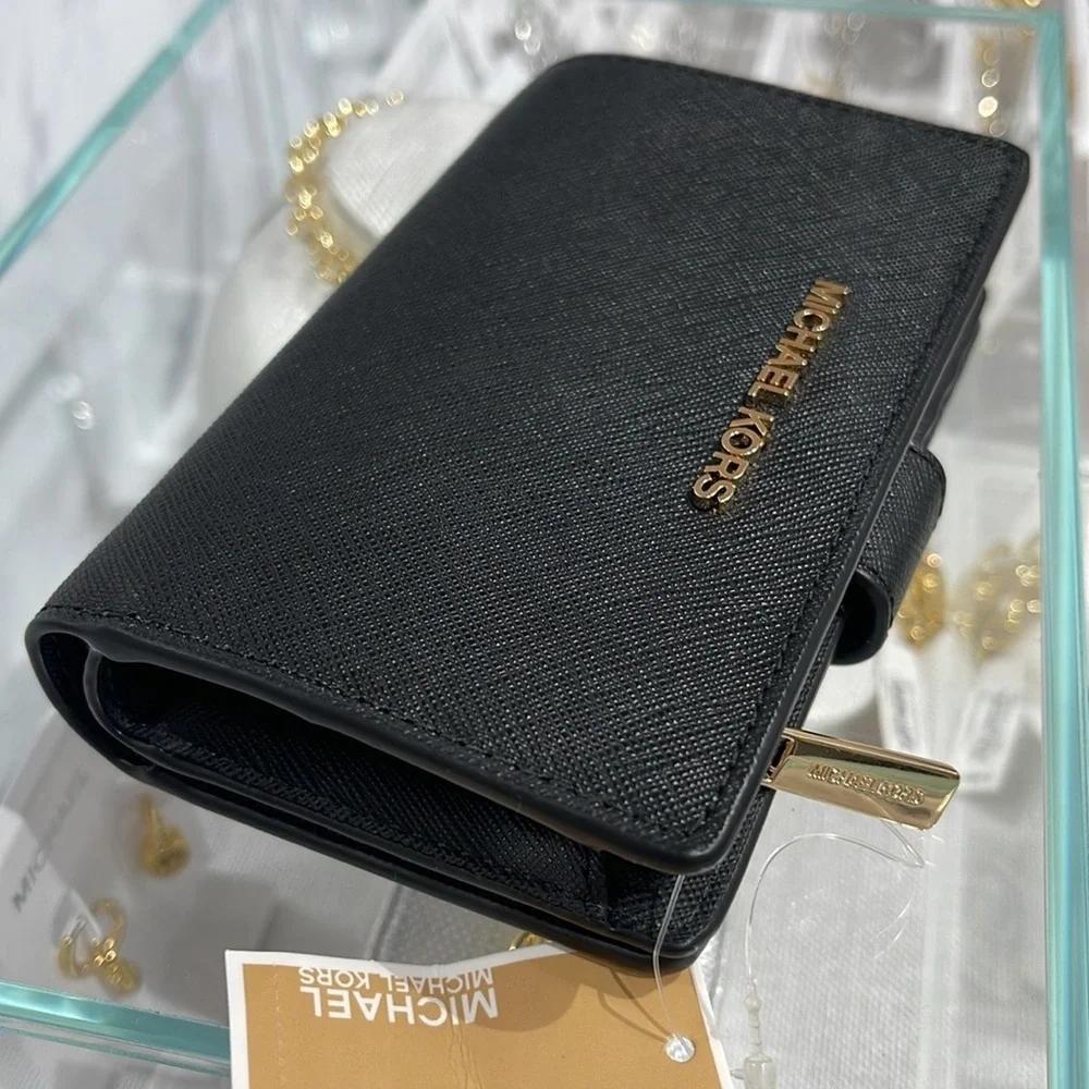 Michael Medium Crossgrain Leather Bifold Wallet Black NWT